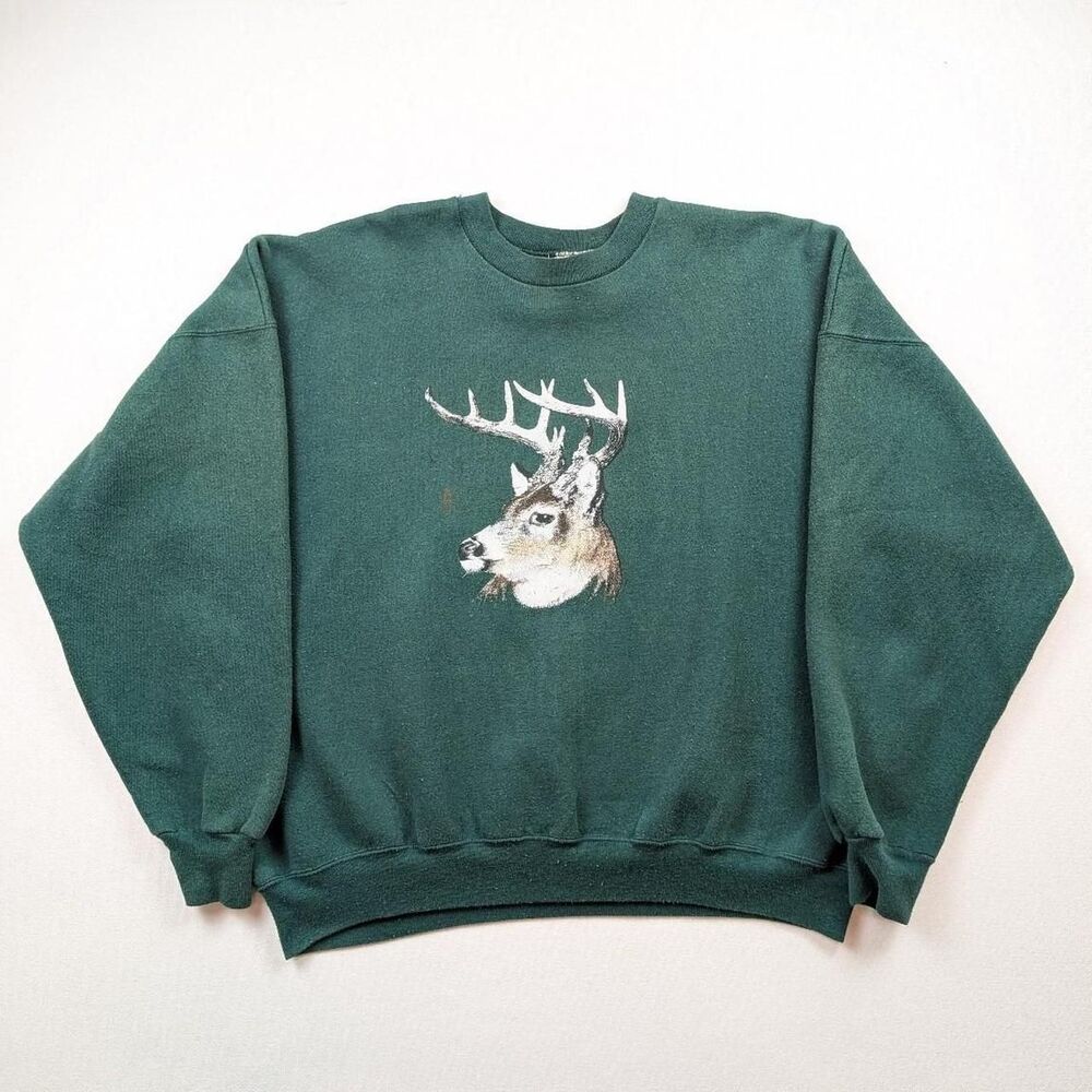 Vintage 90s Green Boxy Nature Whitetail Deer Hunting Crewneck Sweatshirt